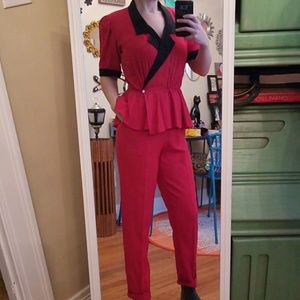 VTG Gorgeous Red & Blk Peplum Jumpsuit 😍